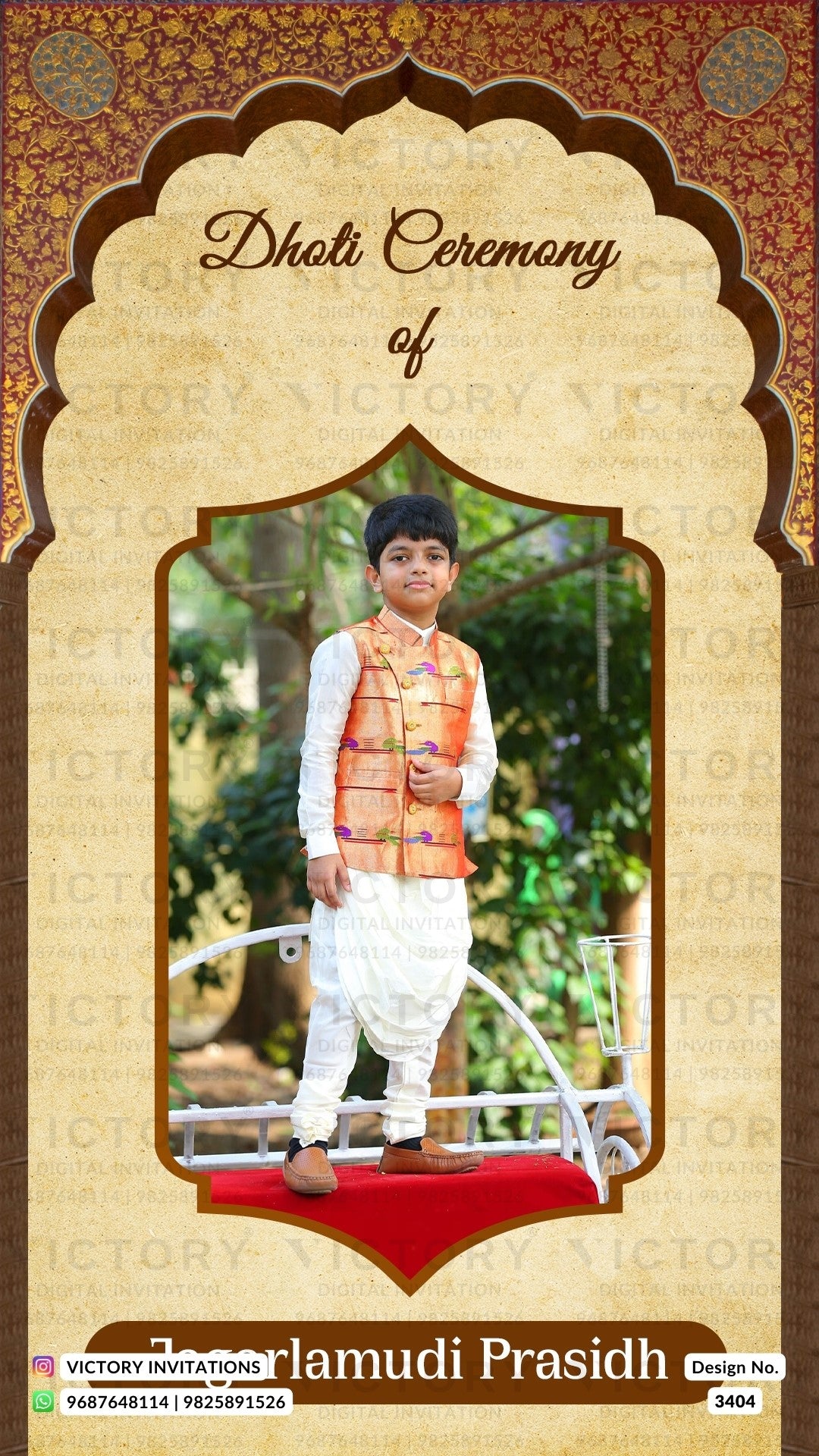 Dhoti ceremony invitation card in english language with peacock, baby photo as arch theme design 3404