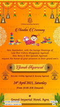 Mundan Ceremony invitation card in english language with merigold flowers, baby doodle, bells as traditional theme design 500