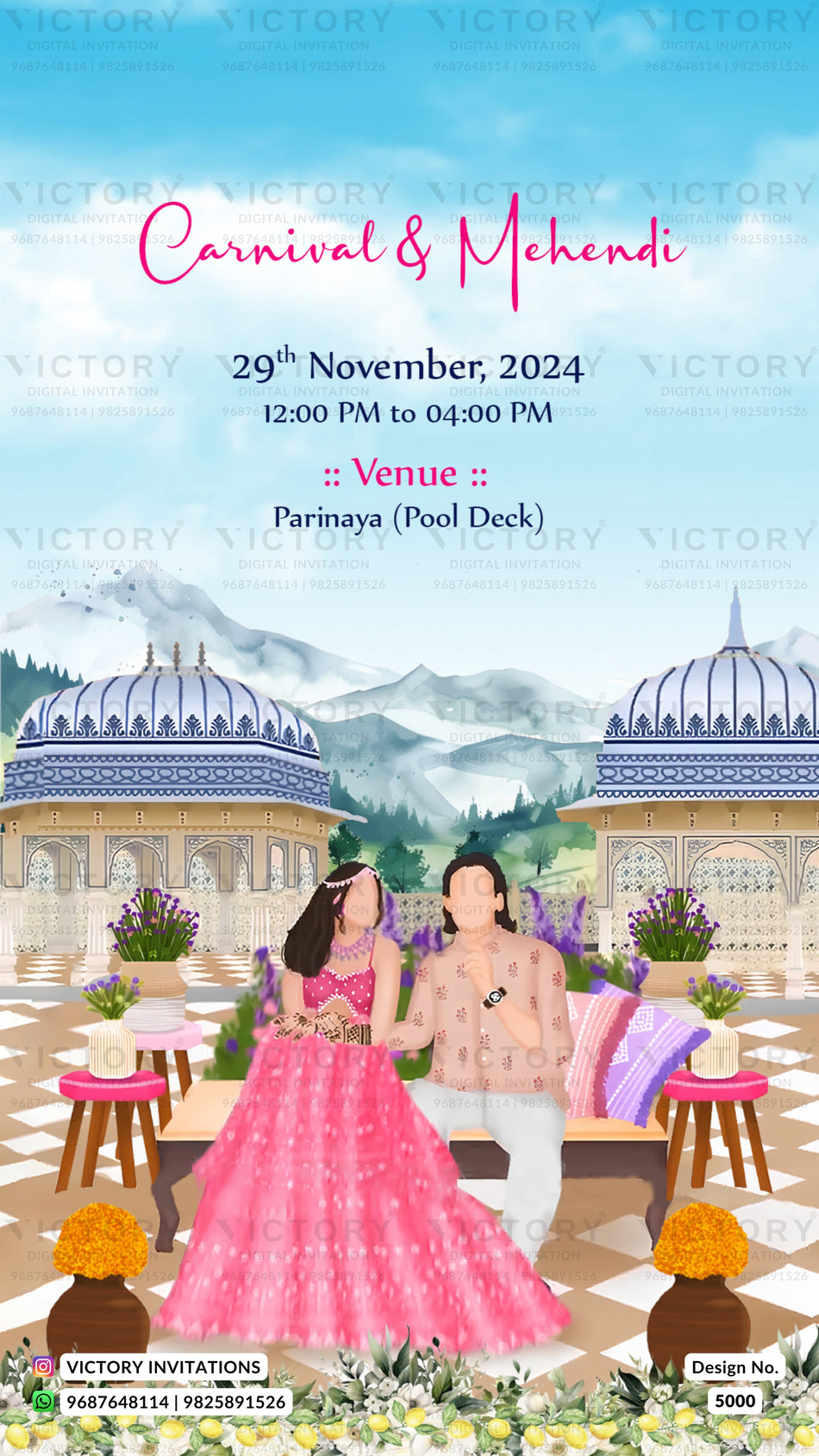 Carnival & Mehndi invitation card in english language with couple doodle, flowers as destination theme design 5000