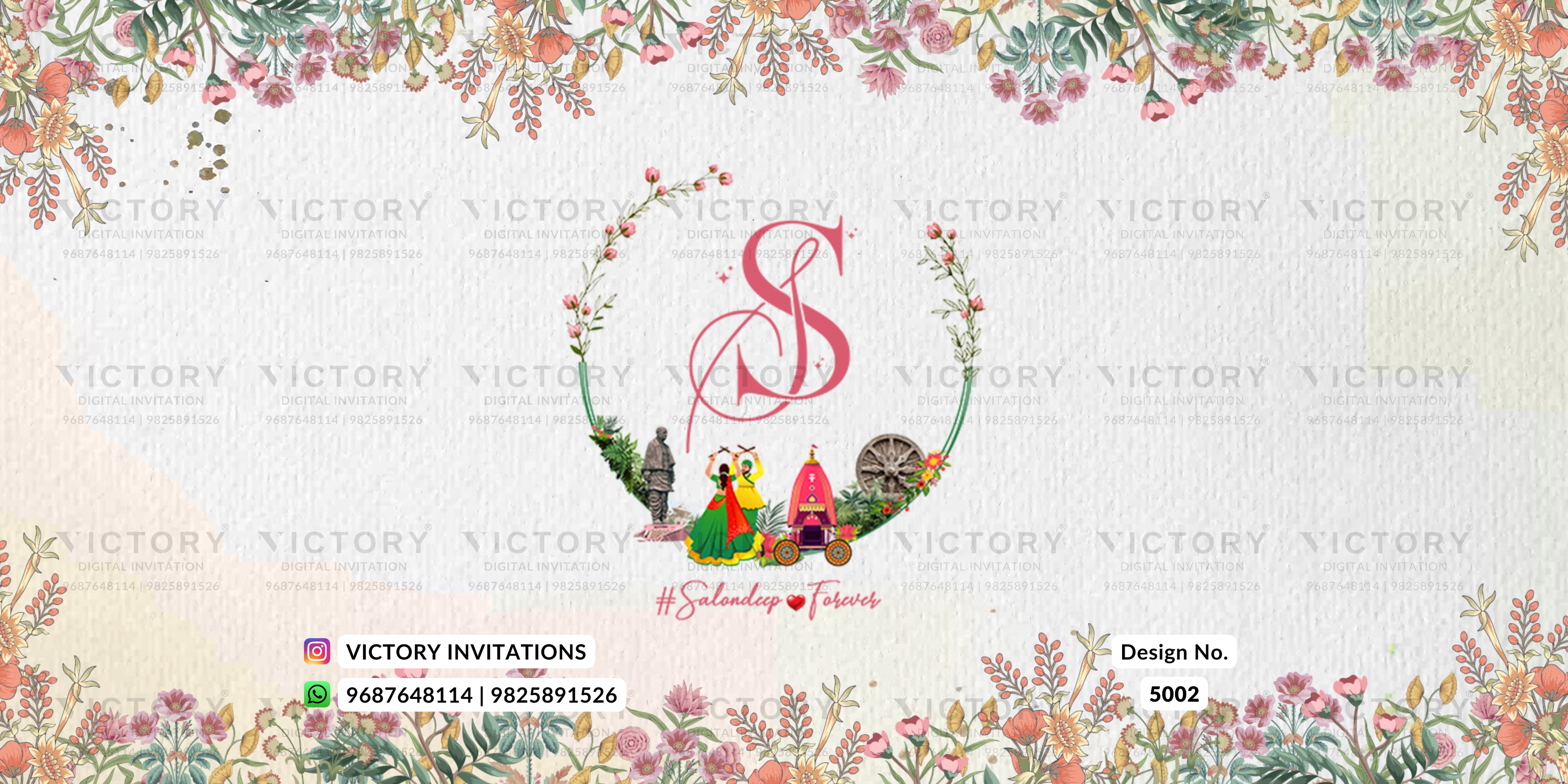 A decorative invitation card design with a floral border, a central monogram 'S' inside a wreath, and small illustrated figures at the bottom. The card has repeated 'VICTORY' watermarks across the background and contact details for Victory Invitations at the lower left.