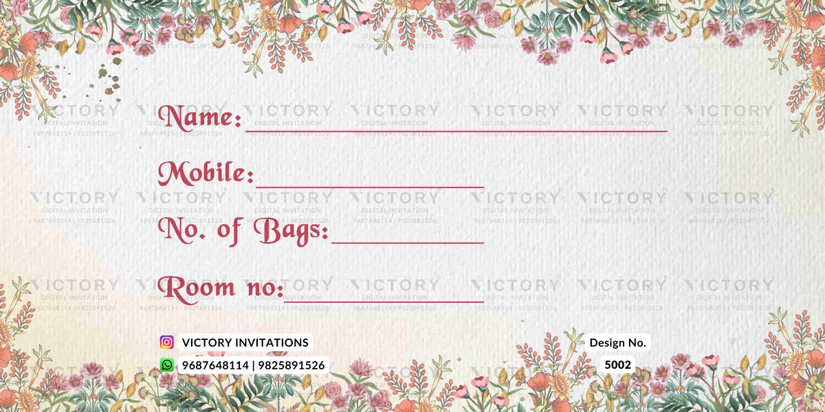 A rectangular invitation card template with a cream background, pink floral borders at the top and bottom, and red printed fields for Name, Mobile, No. of Bags, and Room no.