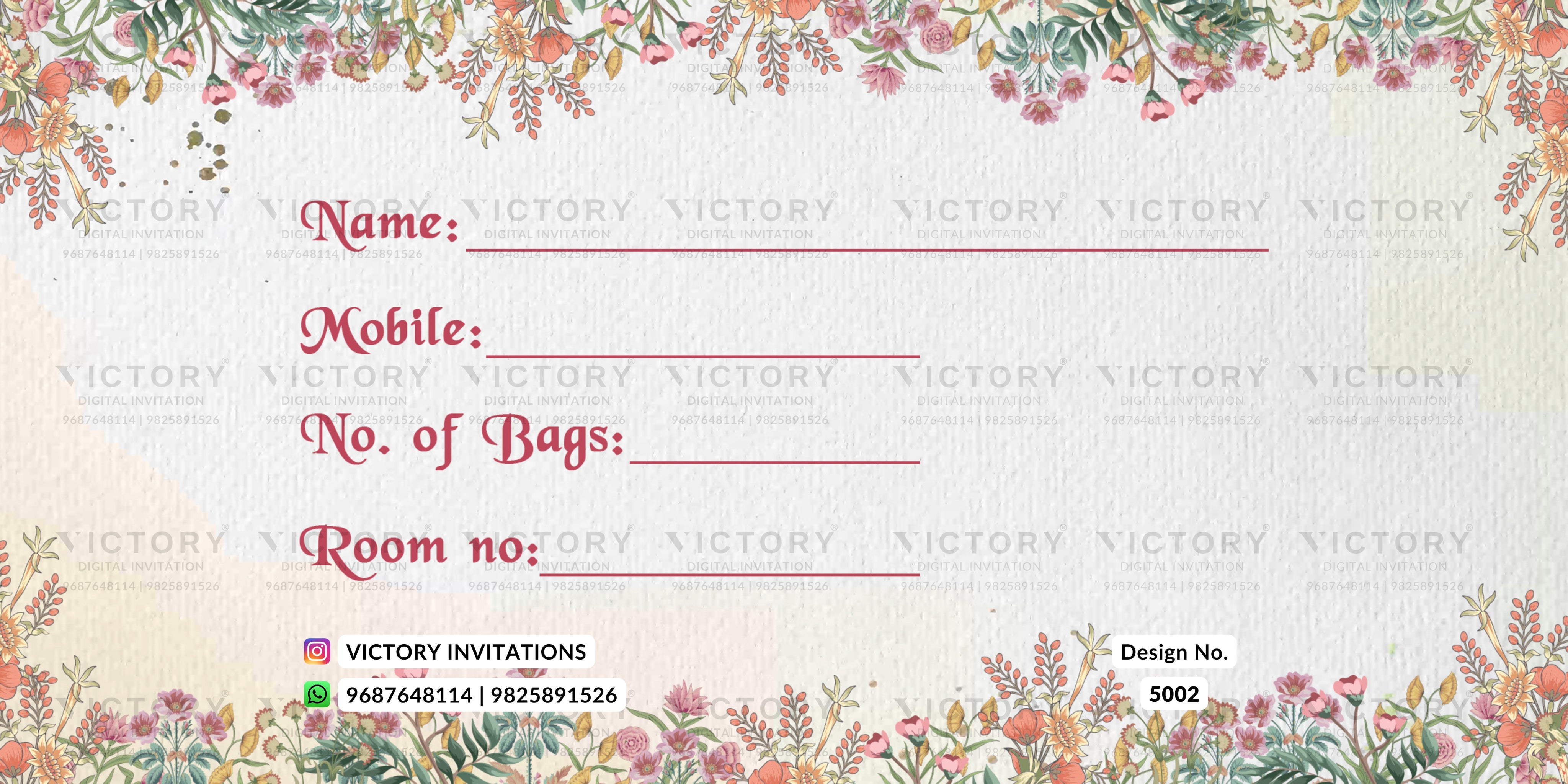 A rectangular invitation card template with a cream background, pink floral borders at the top and bottom, and red printed fields for Name, Mobile, No. of Bags, and Room no.