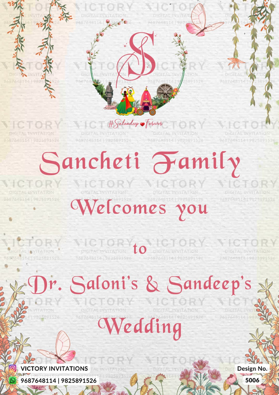 A wedding invitation card design with a textured off-white background, featuring pink script text that reads 'Sancheti Family Welcomes you to Dr. Saloni's & Sandeep's Wedding.