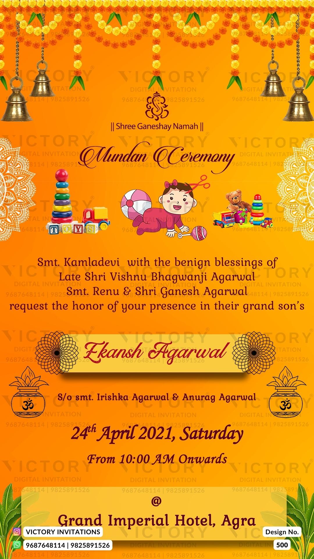 Mundan Ceremony invitation card in english language with merigold flowers, baby doodle, bells as traditional theme design 500