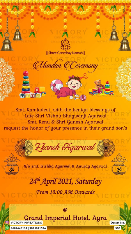 Mundan Ceremony invitation card in english language with merigold flowers, baby doodle, bells as traditional theme design 500