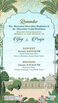 Reminder invitation card in English language with leaves, peacock as arch theme design 5010