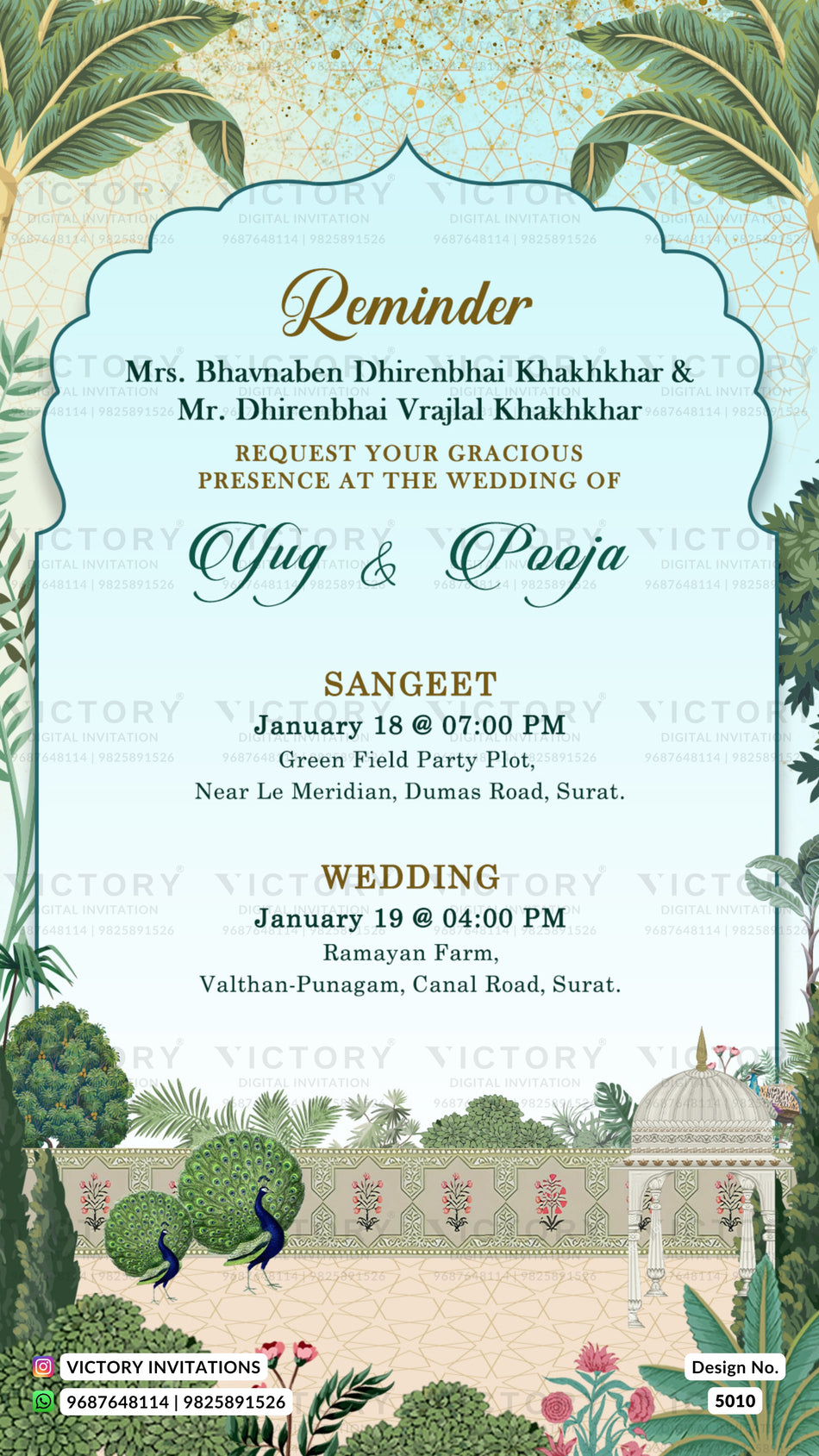 Reminder invitation card in English language with leaves, peacock as arch theme design 5010