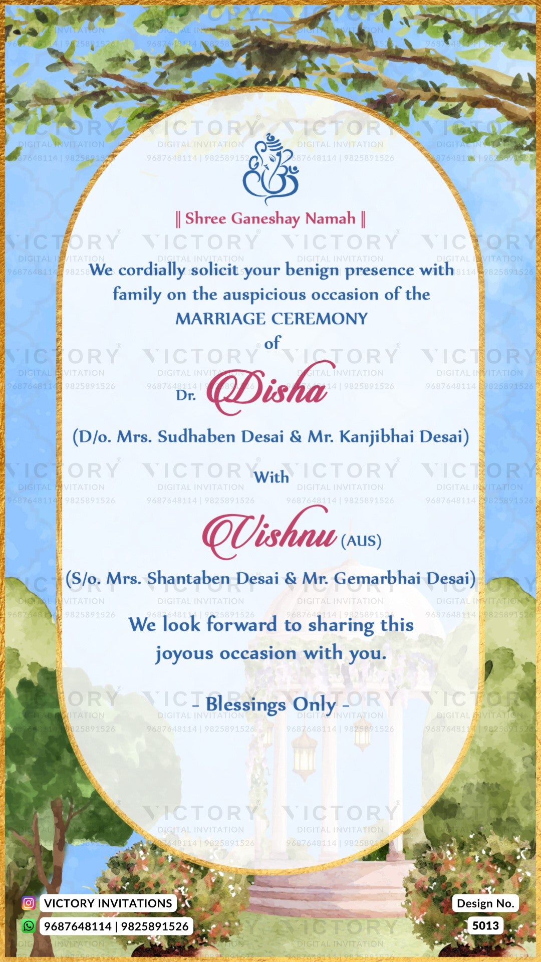A digital Shree Ganeshay Namah Marriage Invitation card design by Victory Invitations, featuring a central white oval with gold borders and elegant text, framed by a light blue sky and green trees illustration.