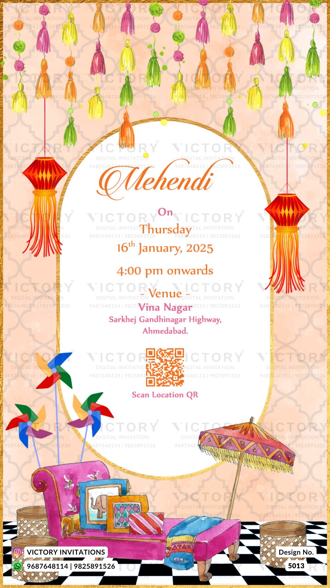 A festive Mehndi event invitation card featuring a cream central oval with event details, surrounded by a peach patterned background decorated with hanging tassels, red lanterns, colorful pinwheels, a pink sofa, and a patterned umbrella. Watermark text for Victory Invitations is visible.