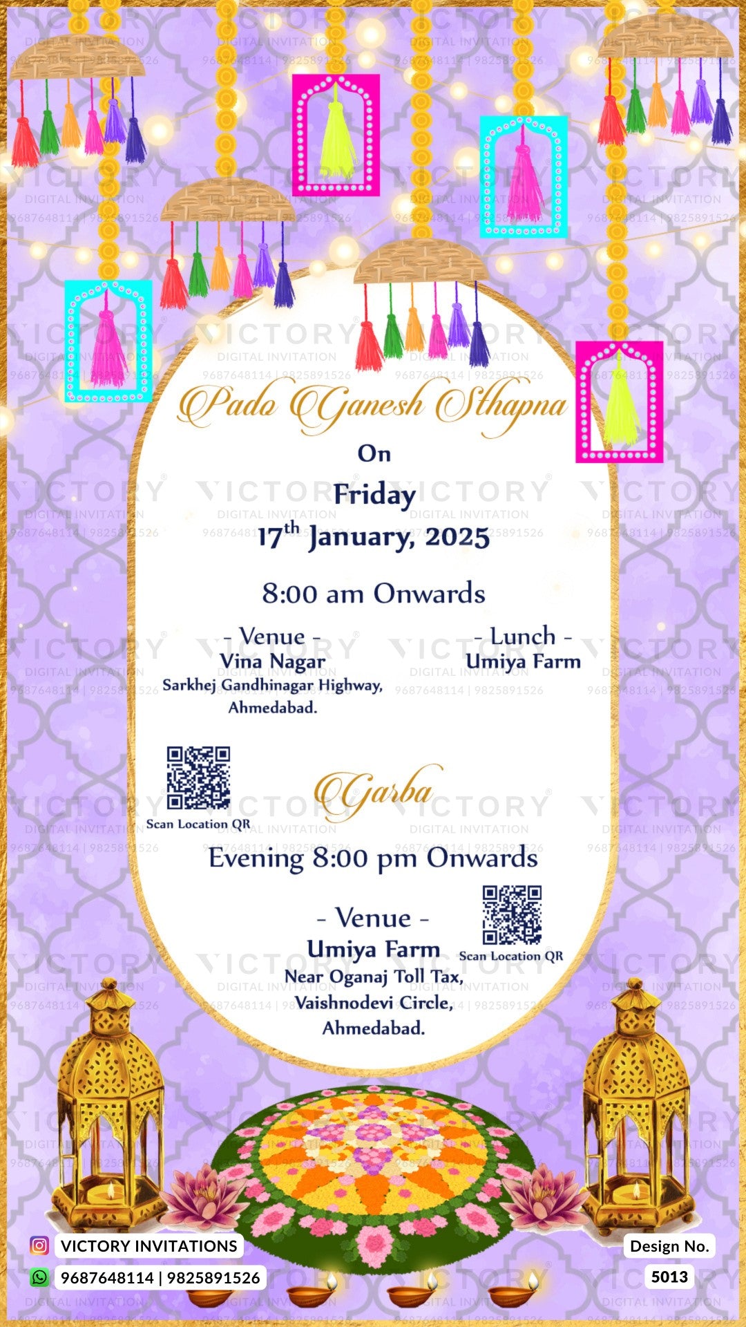 A festive wedding invitation card for 'Pado Ganesh Shaguna' featuring a purple and gold patterned background with hanging lanterns, a central white oval text box with event details, and decorative lantern illustrations at the bottom.