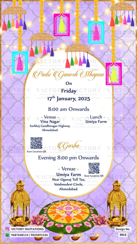 A festive wedding invitation card for 'Pado Ganesh Shaguna' featuring a purple and gold patterned background with hanging lanterns, a central white oval text box with event details, and decorative lantern illustrations at the bottom.