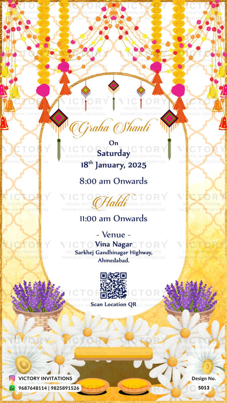 A festive wedding invitation card for 'Grahsha Shanti' with a white background, gold trellis pattern, and decorative garlands. The text details an event on Saturday, 18th January, 2025, at 8:00 am and 11:00 am, held at Vina Nagar, Sarkhej Gandhigram Highway, Ahmedabad.