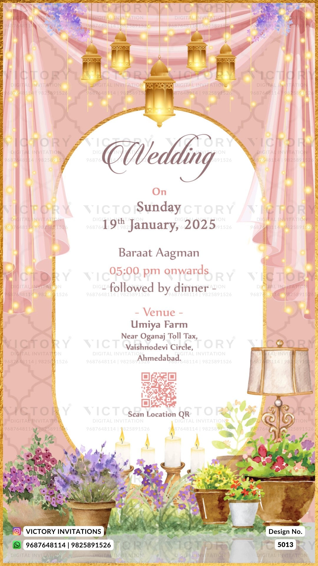 A digital wedding invitation card template featuring a pink and gold theme. The design includes a central white arch with elegant black script reading 'Wedding', surrounded by a gold border.
