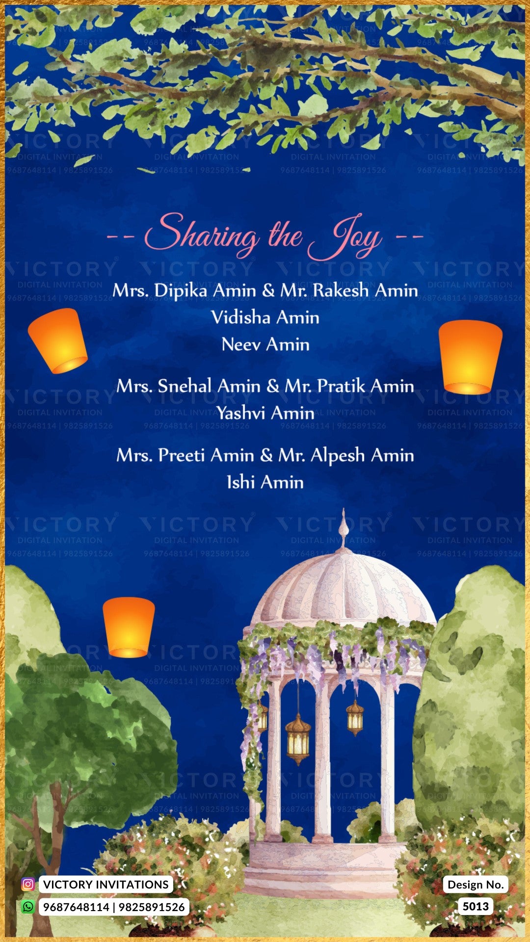 A wedding invitation card featuring a watercolor illustration of a white gazebo under a leafy tree branch against a deep blue night sky with glowing orange lanterns. The text reads 'Sharing the Joy' followed by the names of the married couples.