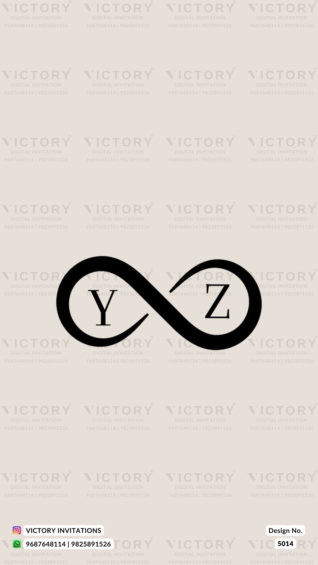 A minimalist black infinity symbol with the letters 'Y' and 'Z' inside, centered on a light beige background with a repeating faint 'VICTORY' watermark pattern. A small 'VICTORY INVITATIONS' label appears at the bottom left, and 'Design No.