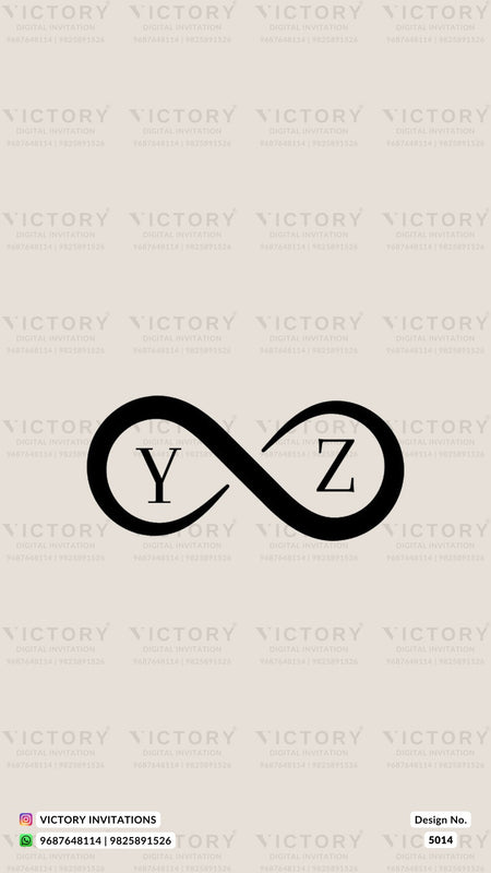 A minimalist black infinity symbol with the letters 'Y' and 'Z' inside, centered on a light beige background with a repeating faint 'VICTORY' watermark pattern. A small 'VICTORY INVITATIONS' label appears at the bottom left, and 'Design No.