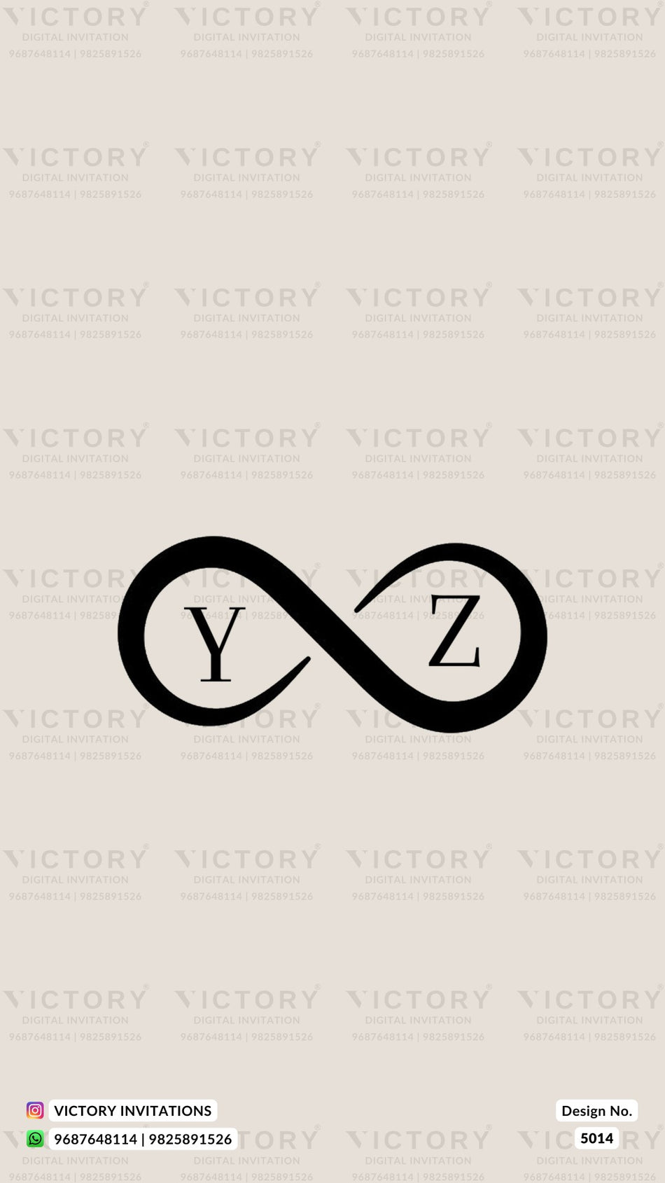 A minimalist black infinity symbol with the letters 'Y' and 'Z' inside, centered on a light beige background with a repeating faint 'VICTORY' watermark pattern. A small 'VICTORY INVITATIONS' label appears at the bottom left, and 'Design No.