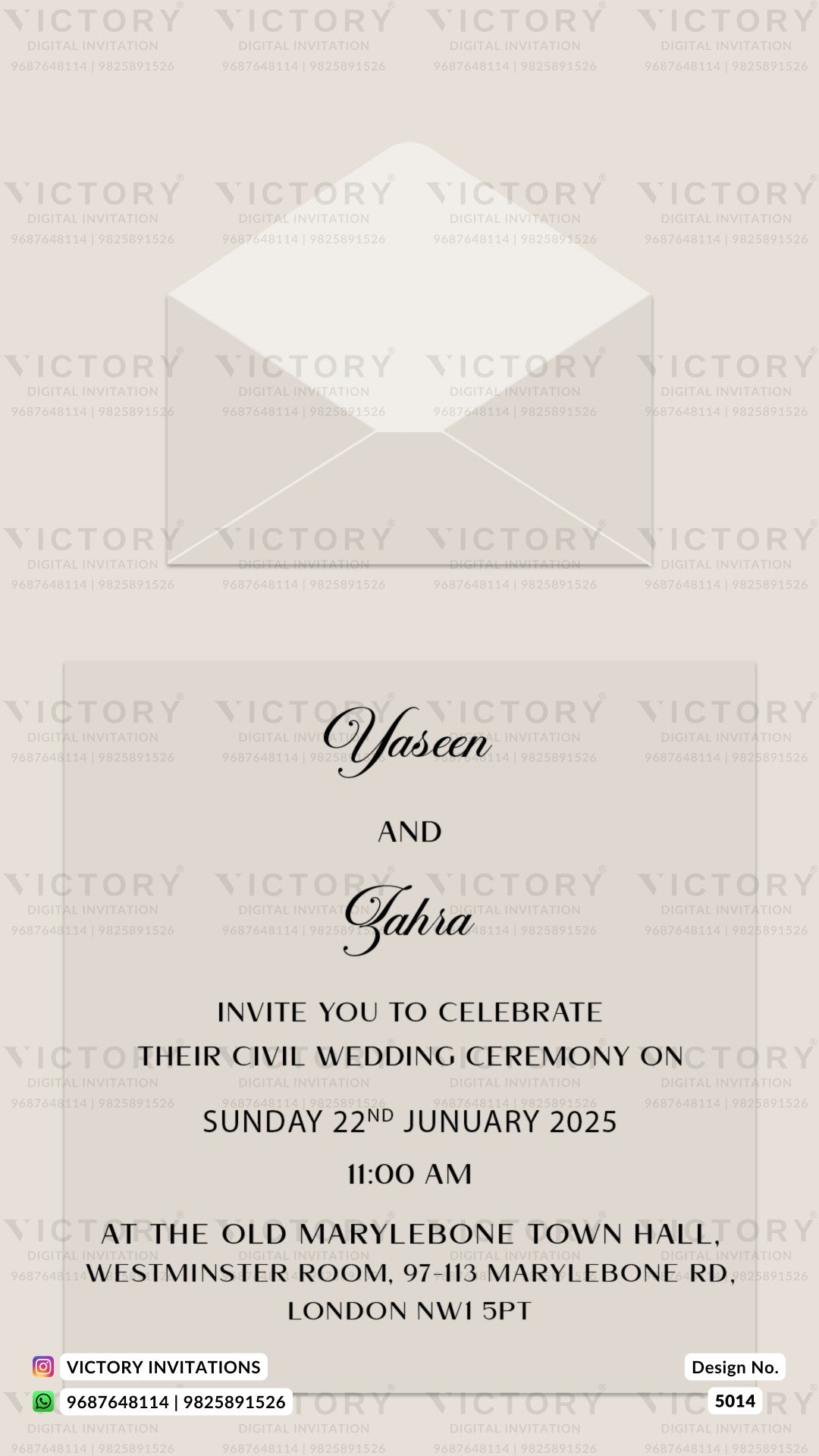 A wedding invitation card design with a large white envelope illustration at the top and elegant black text below on a warm beige background. The card includes repeated 'VICTORY' watermarks and a small design number in the bottom right corner.