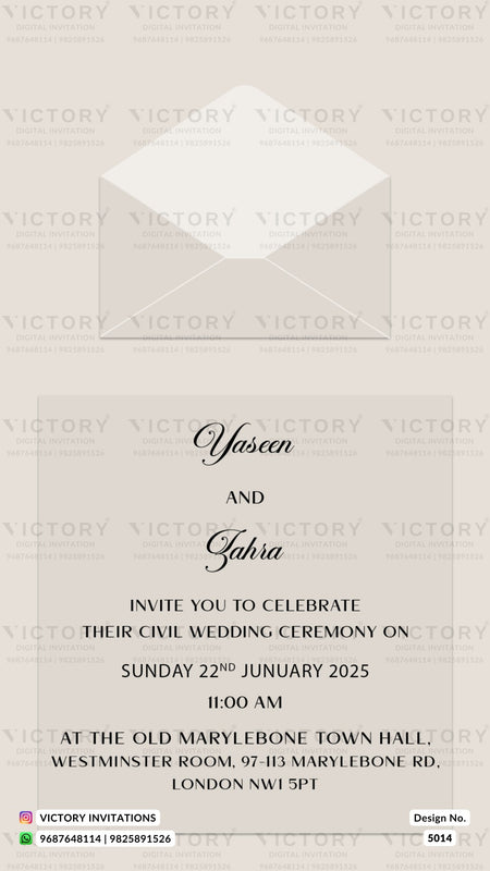 A wedding invitation card design with a large white envelope illustration at the top and elegant black text below on a warm beige background. The card includes repeated 'VICTORY' watermarks and a small design number in the bottom right corner.
