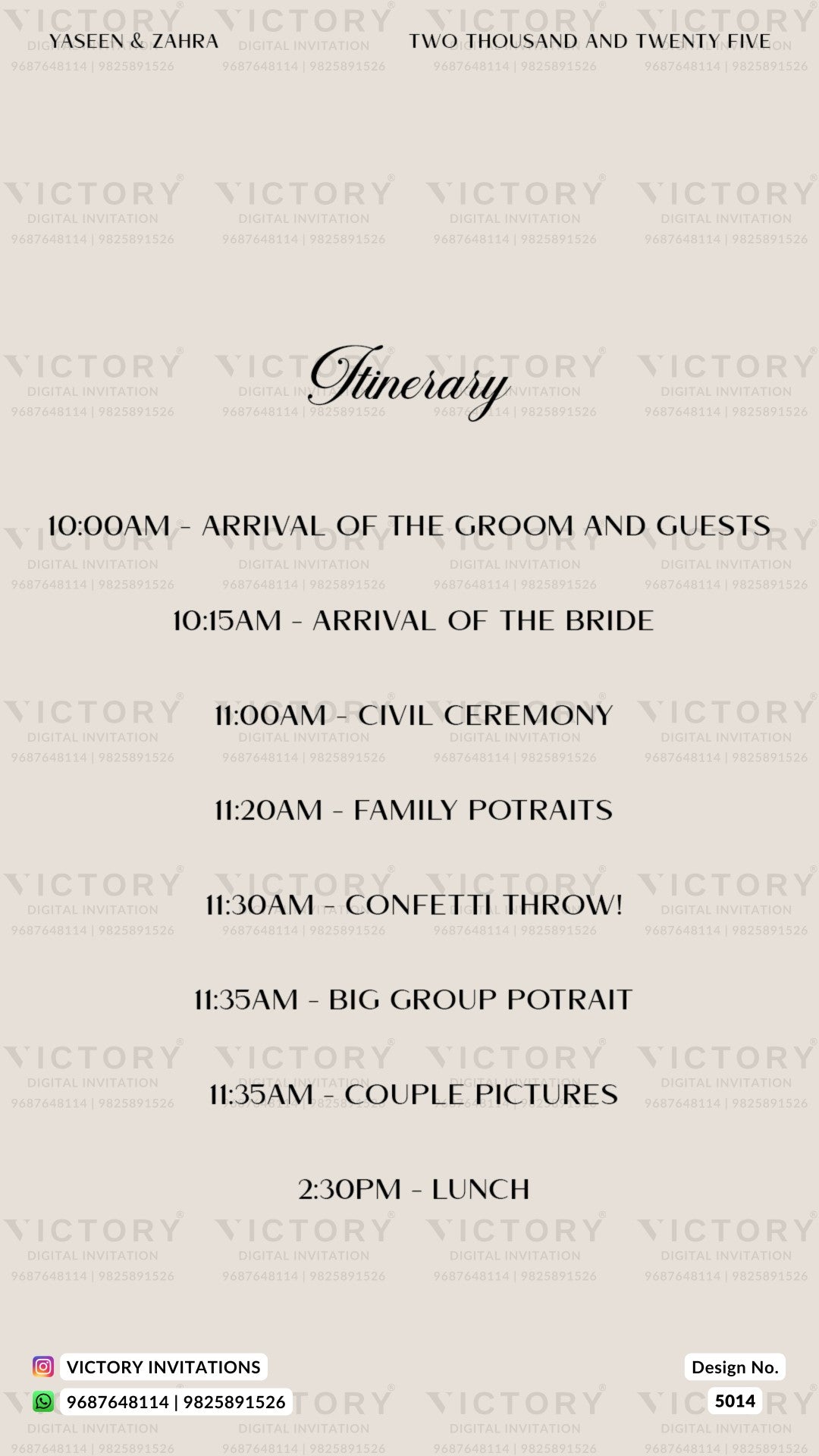 A beige itinerary card for a wedding, featuring black text detailing the schedule from 10:00 AM to 2:30 PM, with a repeating watermark of 'VICTORY' across the background.