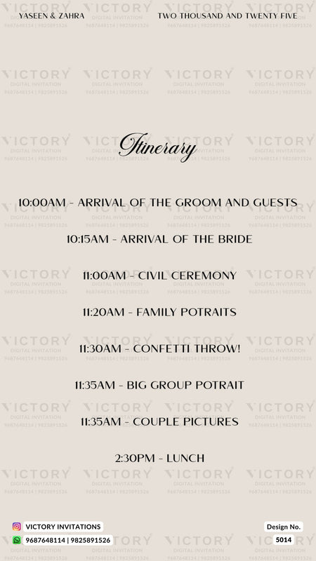 A beige itinerary card for a wedding, featuring black text detailing the schedule from 10:00 AM to 2:30 PM, with a repeating watermark of 'VICTORY' across the background.