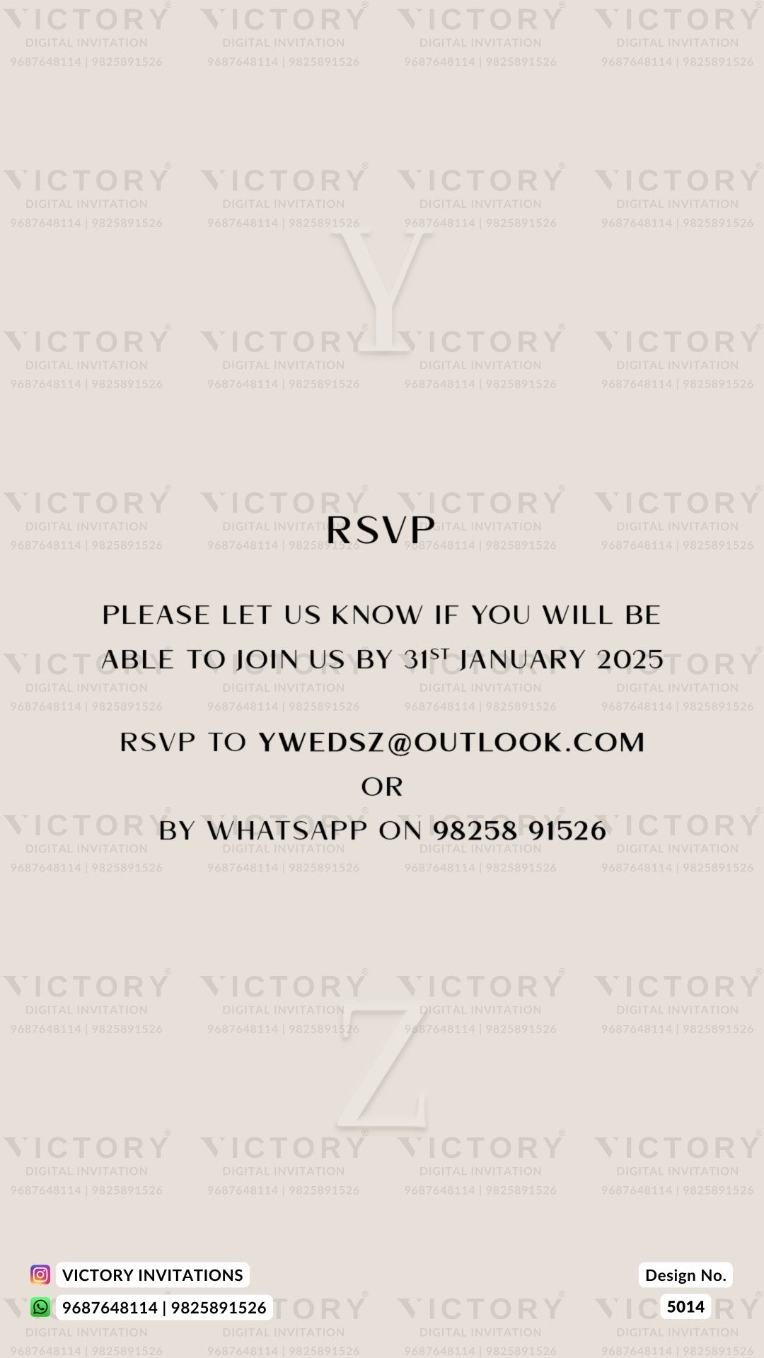 A digital RSVP card design from Victory Invitations on a light beige background with a faint repeating watermark pattern. The card features black text inviting guests to join on 31st January 2025, with contact details for email and WhatsApp.