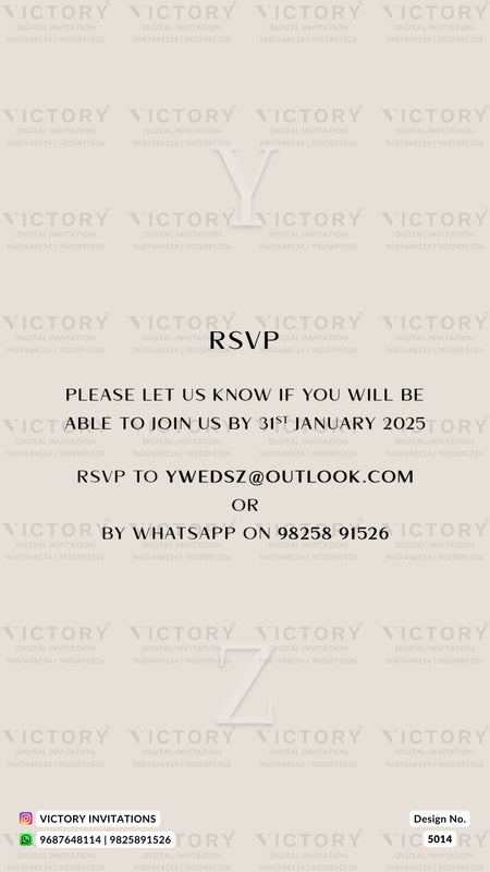 A digital RSVP card design from Victory Invitations on a light beige background with a faint repeating watermark pattern. The card features black text inviting guests to join on 31st January 2025, with contact details for email and WhatsApp.