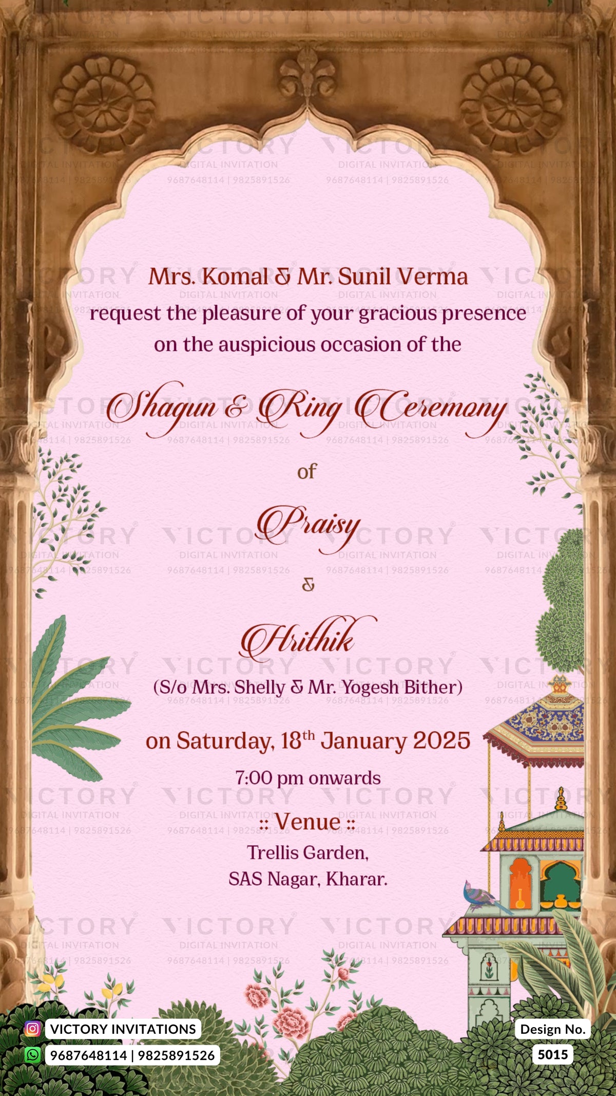 A digital Indian wedding invitation card template featuring a pink central arch framed by a golden-brown ornate border. The text details a Shayar & King Ceremony for Prasya & Ashlik, with event details for January 18th, 2025, at 7:00 pm in Trolls Garden, SAS Nagar, Kharar.