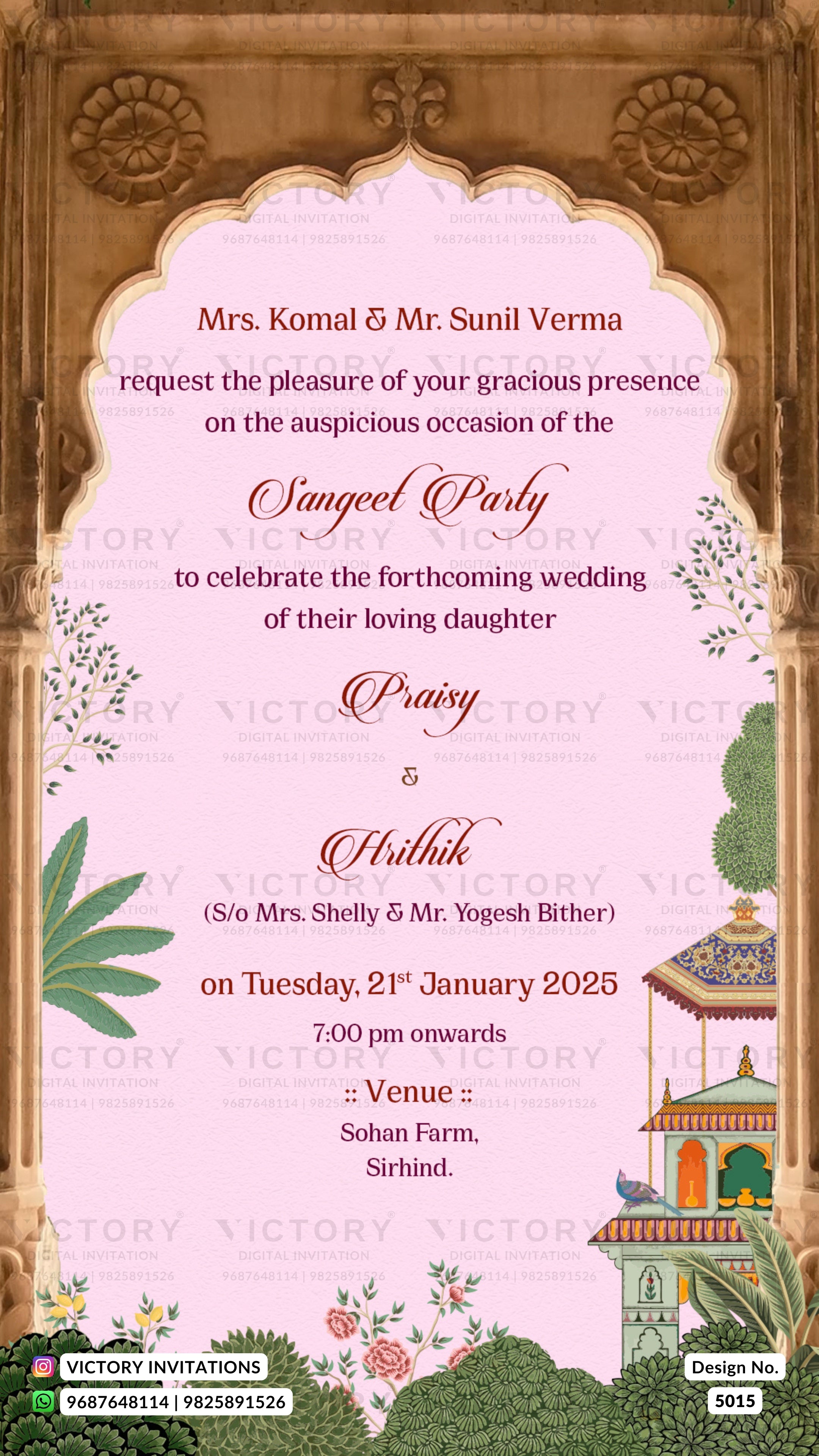 A digital invitation card template for a Sangeet Party, featuring a pink central panel with elegant gold and dark red text, framed by an ornate golden arch. The design includes traditional Indian motifs such as a green peacock, a miniature temple, and floral accents on a dark brown patterned border.
