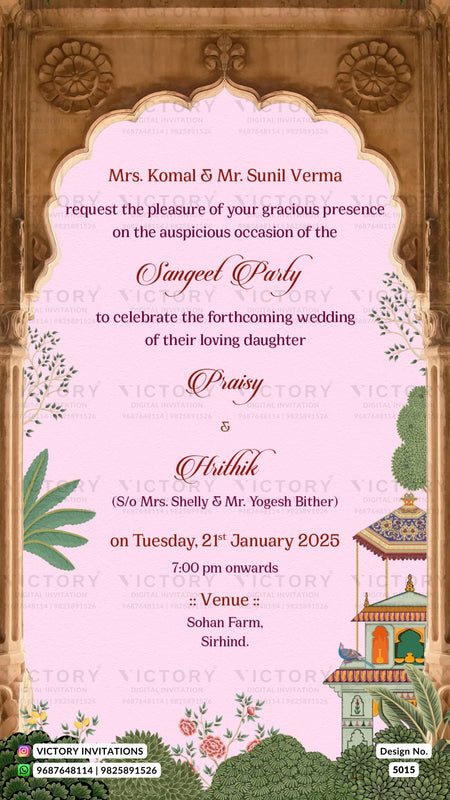 A digital invitation card template for a Sangeet Party, featuring a pink central panel with elegant gold and dark red text, framed by an ornate golden arch. The design includes traditional Indian motifs such as a green peacock, a miniature temple, and floral accents on a dark brown patterned border.
