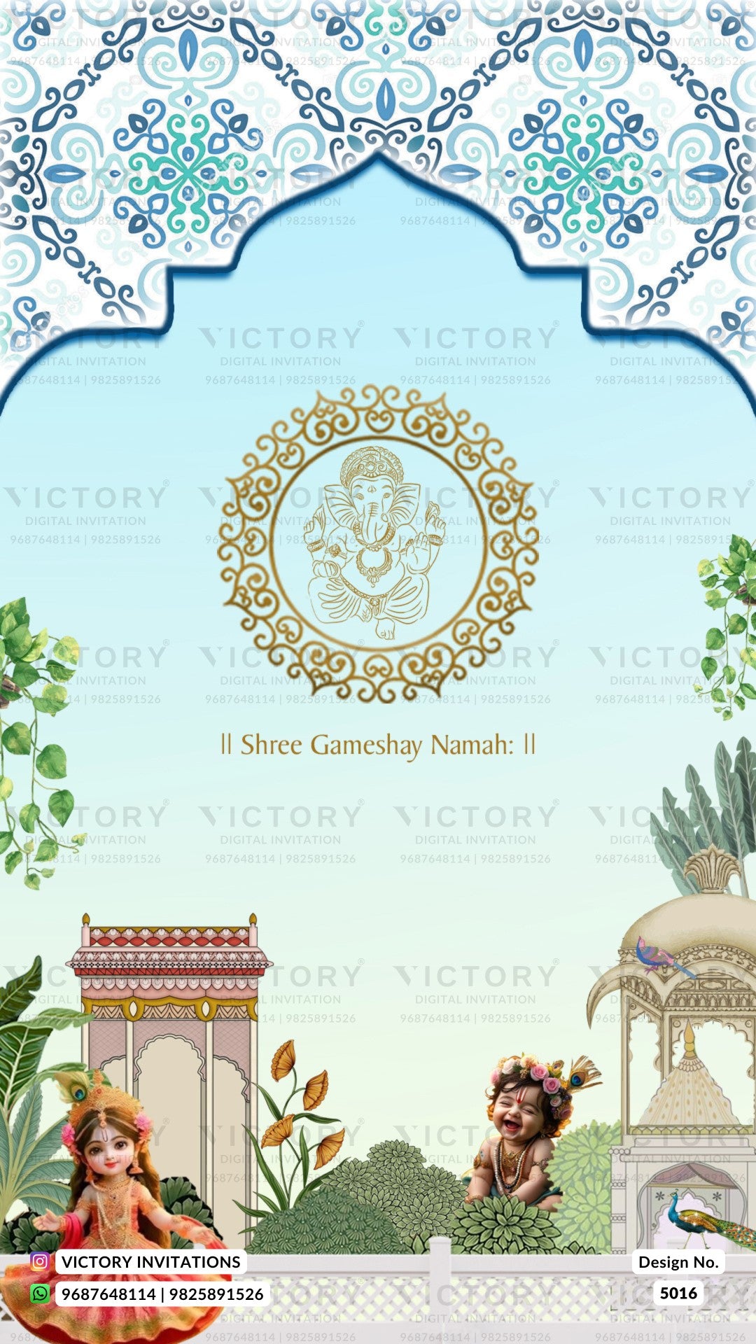 A decorative Shree Gameshay Namah invitation card design with an ornate gold Ganesha emblem in the center, blue and white traditional arch borders, and illustrated temple, pavilion, and figures at the bottom. The design includes repeated 'VICTORY' watermarks and contact details at the bottom.