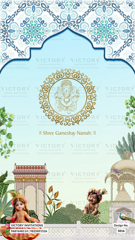 A decorative Shree Gameshay Namah invitation card design with an ornate gold Ganesha emblem in the center, blue and white traditional arch borders, and illustrated temple, pavilion, and figures at the bottom. The design includes repeated 'VICTORY' watermarks and contact details at the bottom.