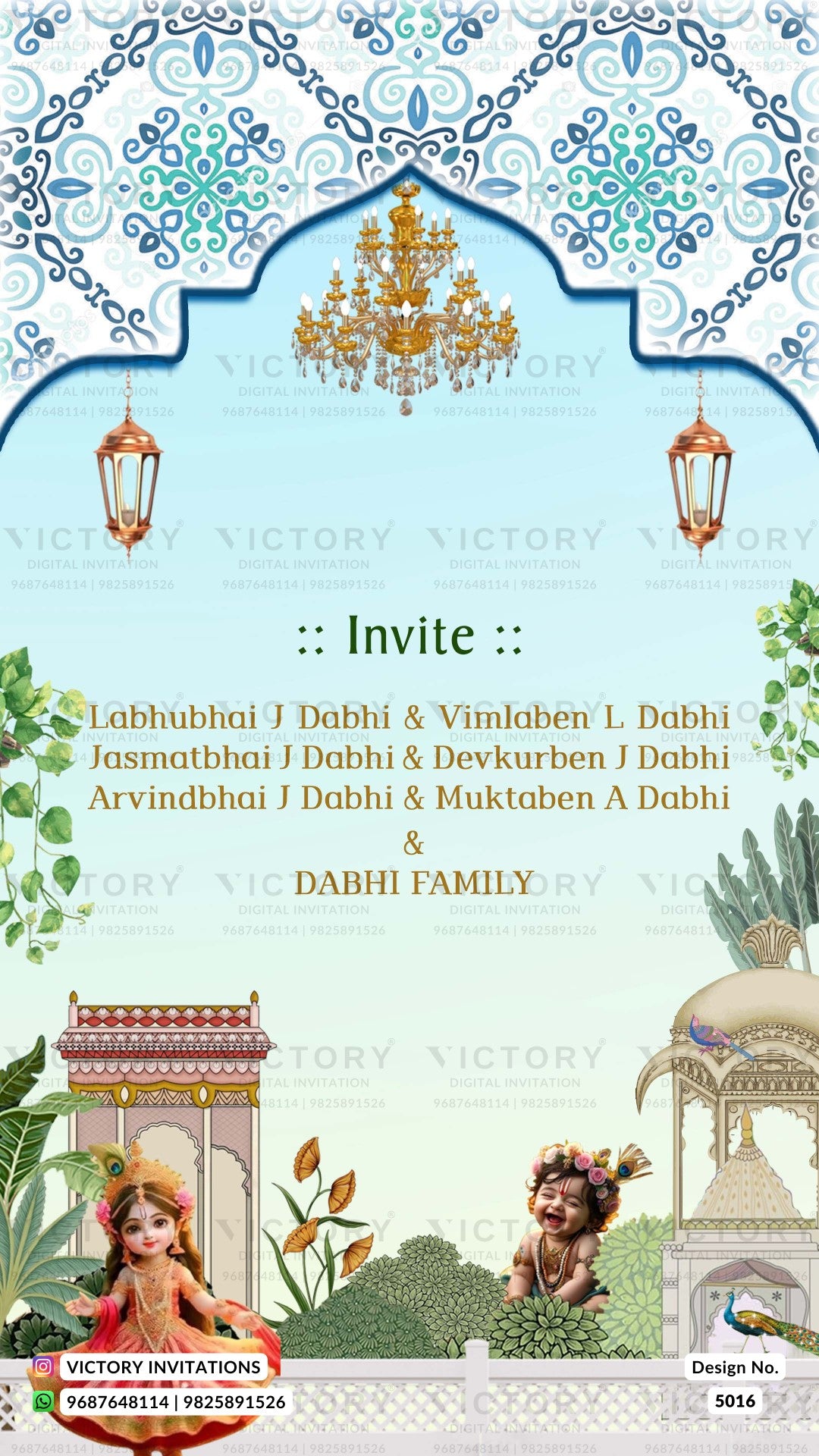 A digital Indian wedding invitation card design featuring traditional motifs, including an ornate blue and white arch at the top, hanging lanterns, a golden chandelier, and a light blue background. The central text reads ':: Invite ::' followed by the names of the bride and groom's families in Devanagari script.