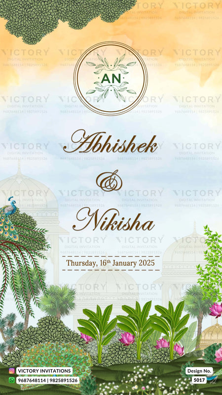 A digital wedding invitation card design featuring the names 'Abhishek & Nikisha' in elegant brown script, dated 'Thursday, 16th January 2025'. The top section has a warm yellow-to-blue watercolor gradient with a circular monogram 'AN' and leaf motif.