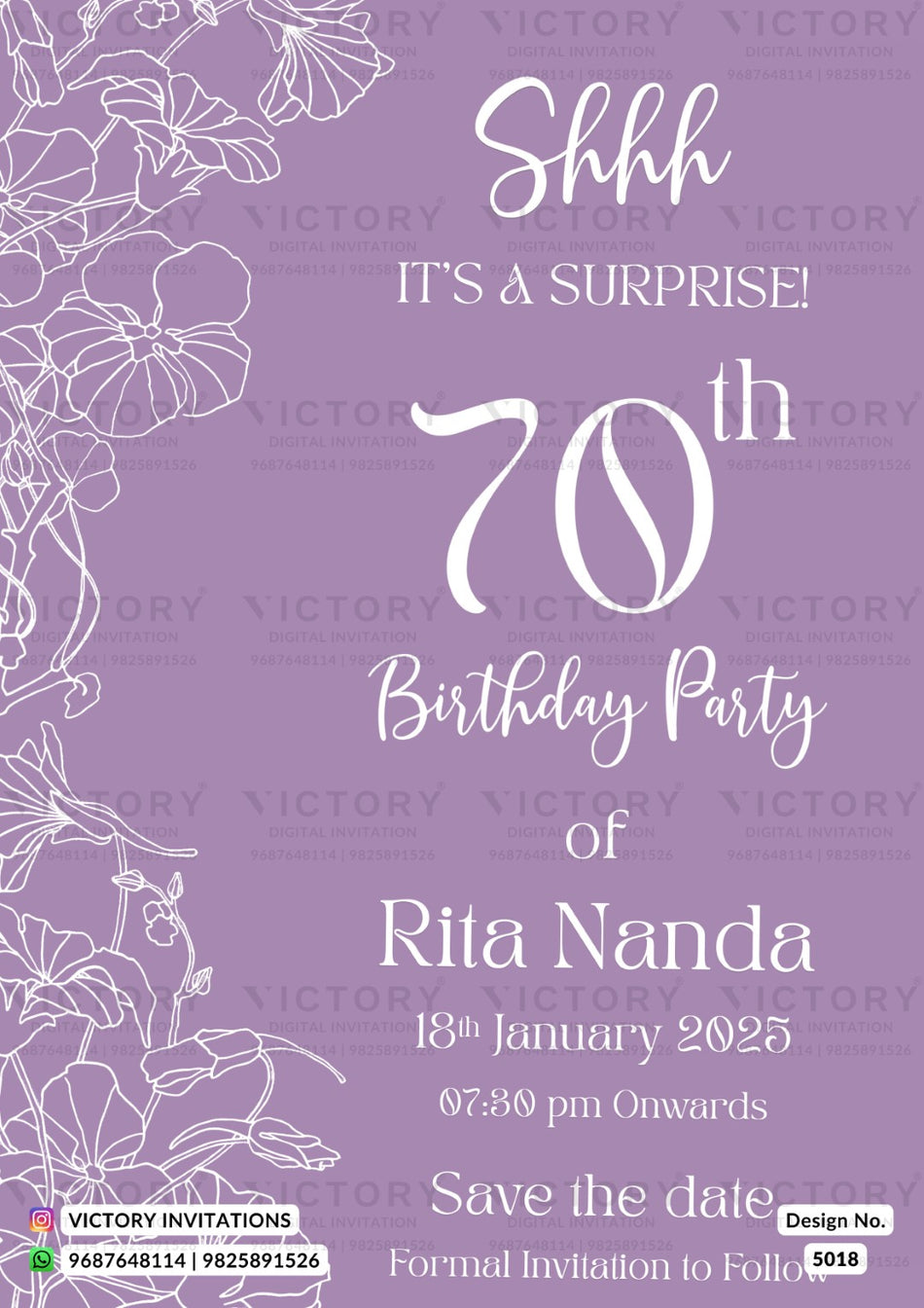 A purple surprise birthday party invitation card with white floral line art on the left side and white text reading 'Shhh IT'S A SURPRISE! 70th Birthday Party of Rita Nanda 18th January 2025'.