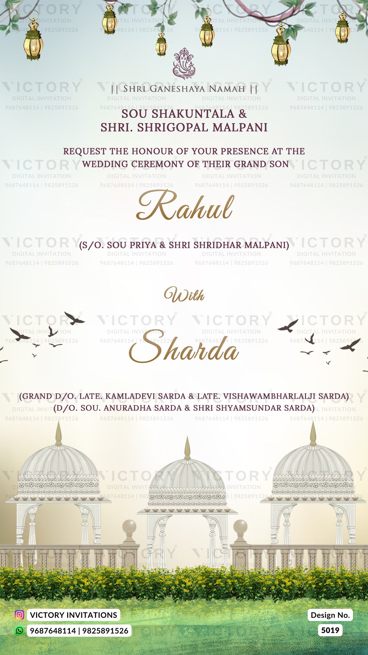 Wedding invitation card design with elegant typography, hanging lanterns, birds, and a domed palace illustration. The card includes names, wedding details, and Victory Invitations branding.