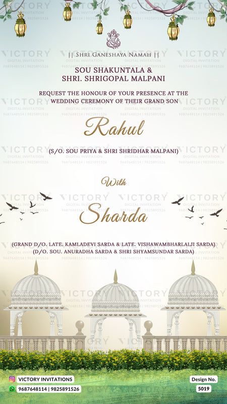 Wedding invitation card design with elegant typography, hanging lanterns, birds, and a domed palace illustration. The card includes names, wedding details, and Victory Invitations branding.