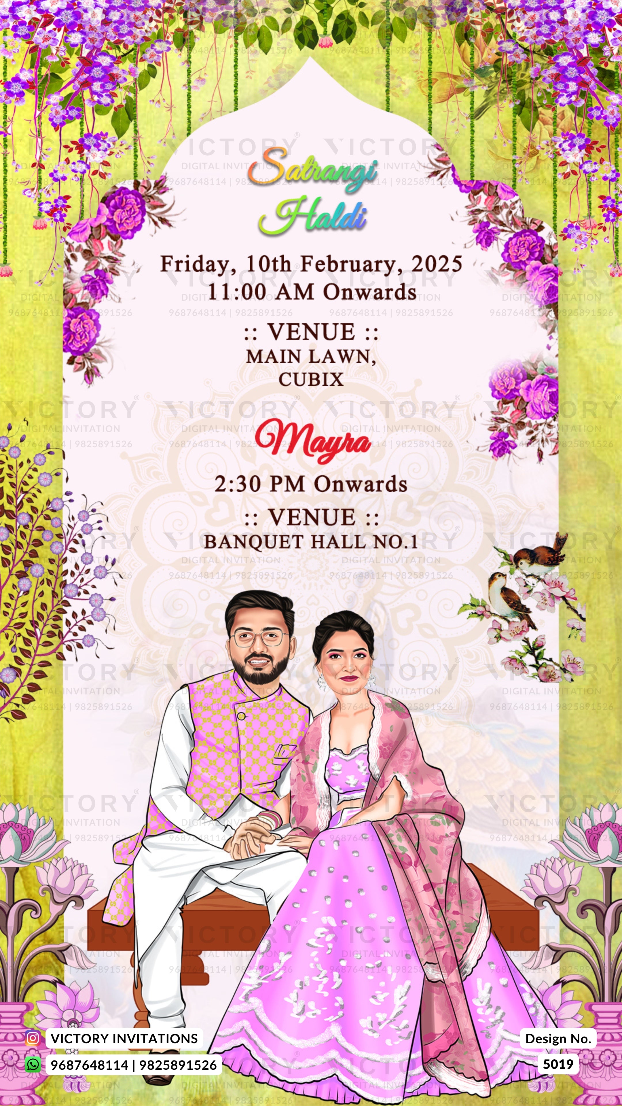 A digital Indian wedding invitation card featuring a central white arched panel with event details, surrounded by a decorative border of purple flowers, green leaves, and traditional Indian motifs. At the bottom, there is an illustration of a man and a woman in traditional wedding attire.