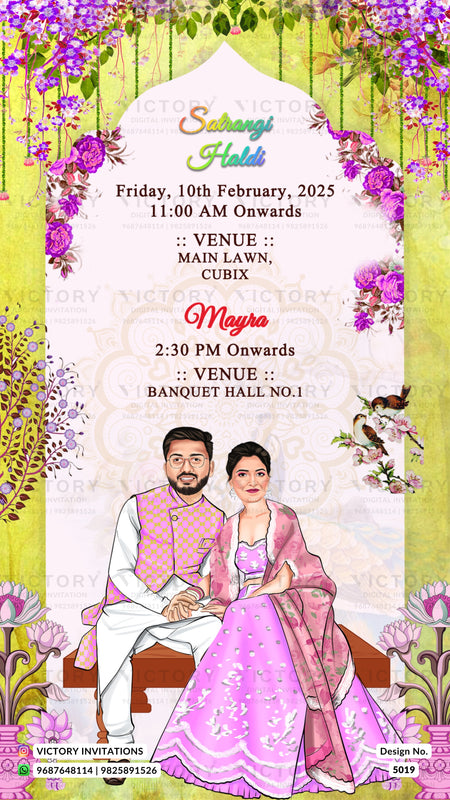 A digital Indian wedding invitation card featuring a central white arched panel with event details, surrounded by a decorative border of purple flowers, green leaves, and traditional Indian motifs. At the bottom, there is an illustration of a man and a woman in traditional wedding attire.