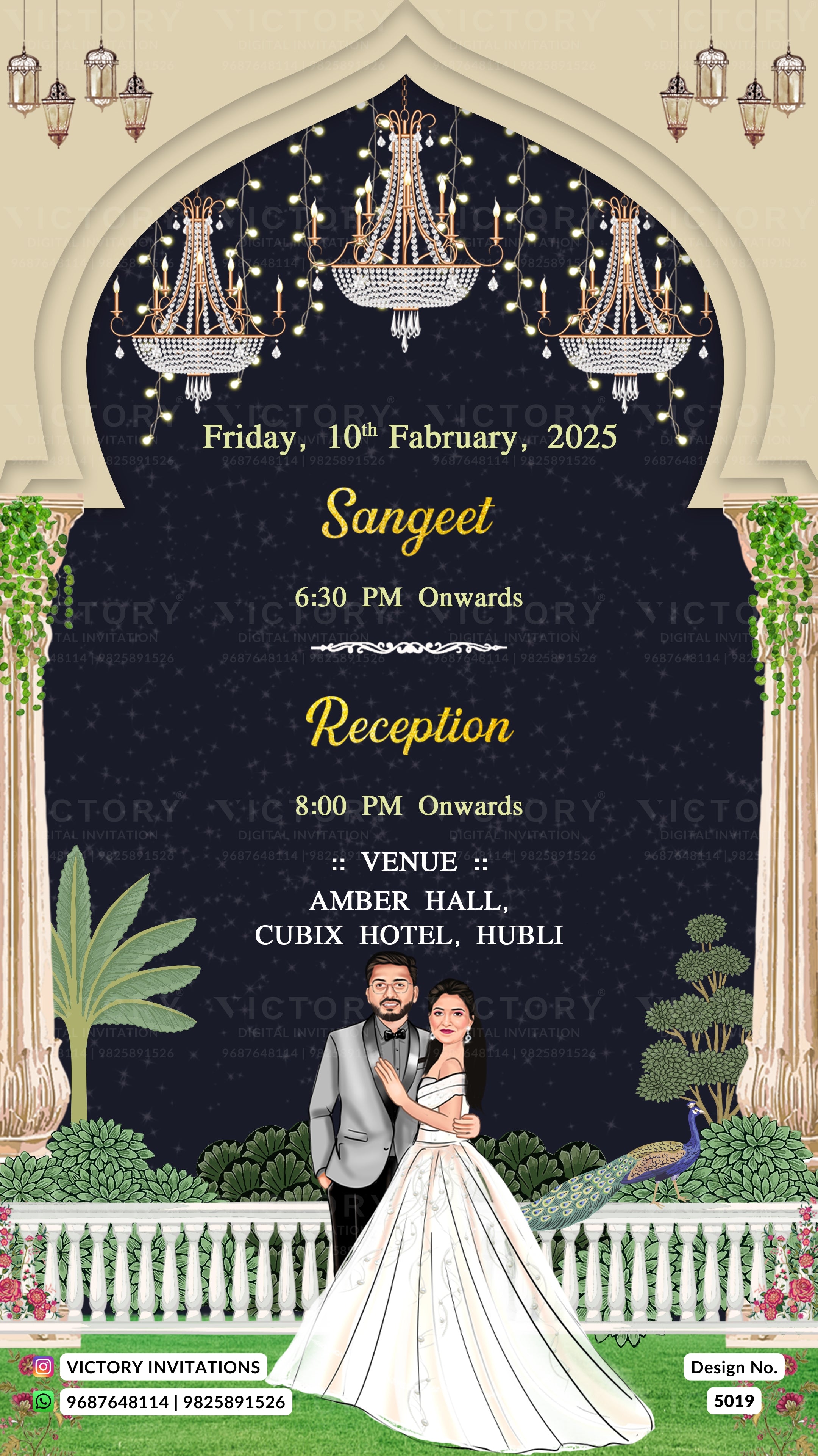 A digital Indian Sangeet reception invitation card design with an arched frame, featuring a dark navy blue central panel decorated with hanging chandeliers, gold text for event details, and an illustration of a bride and groom at the bottom.