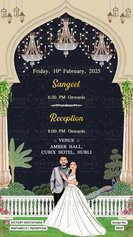 A digital Indian Sangeet reception invitation card design with an arched frame, featuring a dark navy blue central panel decorated with hanging chandeliers, gold text for event details, and an illustration of a bride and groom at the bottom.