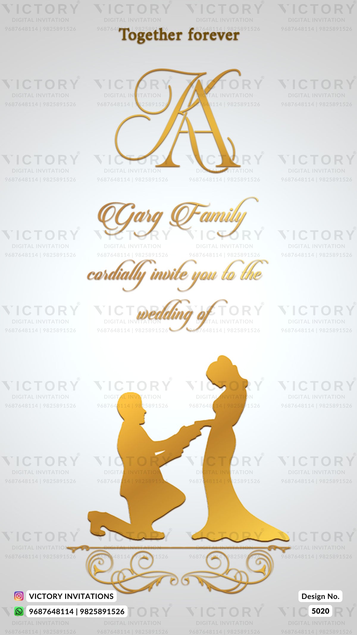 Gold wedding invitation card design with a monogram 'AA', the text 'Together forever', 'Gaga Family', and 'cordially invite you to the wedding of', plus a gold silhouette of a kneeling man proposing to a woman, on a light gray background with repeated 'VICTORY' watermarks.