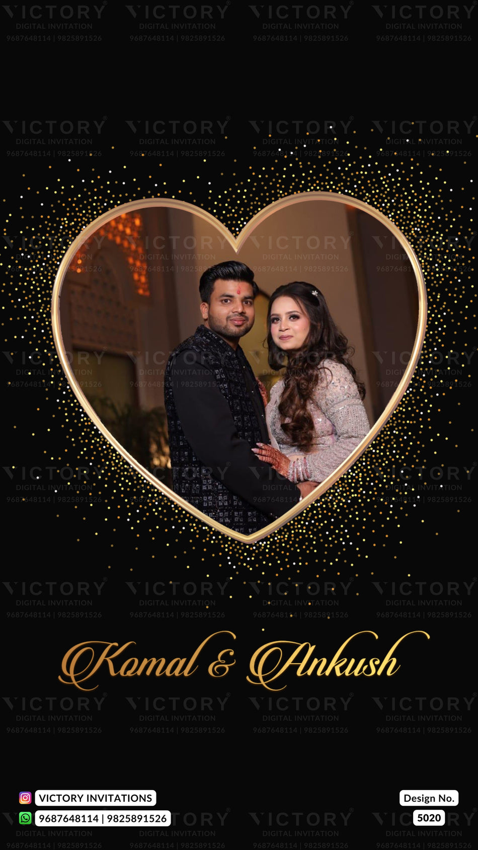 A custom wedding invitation card design featuring a couple framed inside a large gold heart on a black background with gold glitter accents. The names 'Kamal & Ankush' are written in elegant gold script at the bottom, with 'VICTORY INVITATIONS' watermarked across the design.