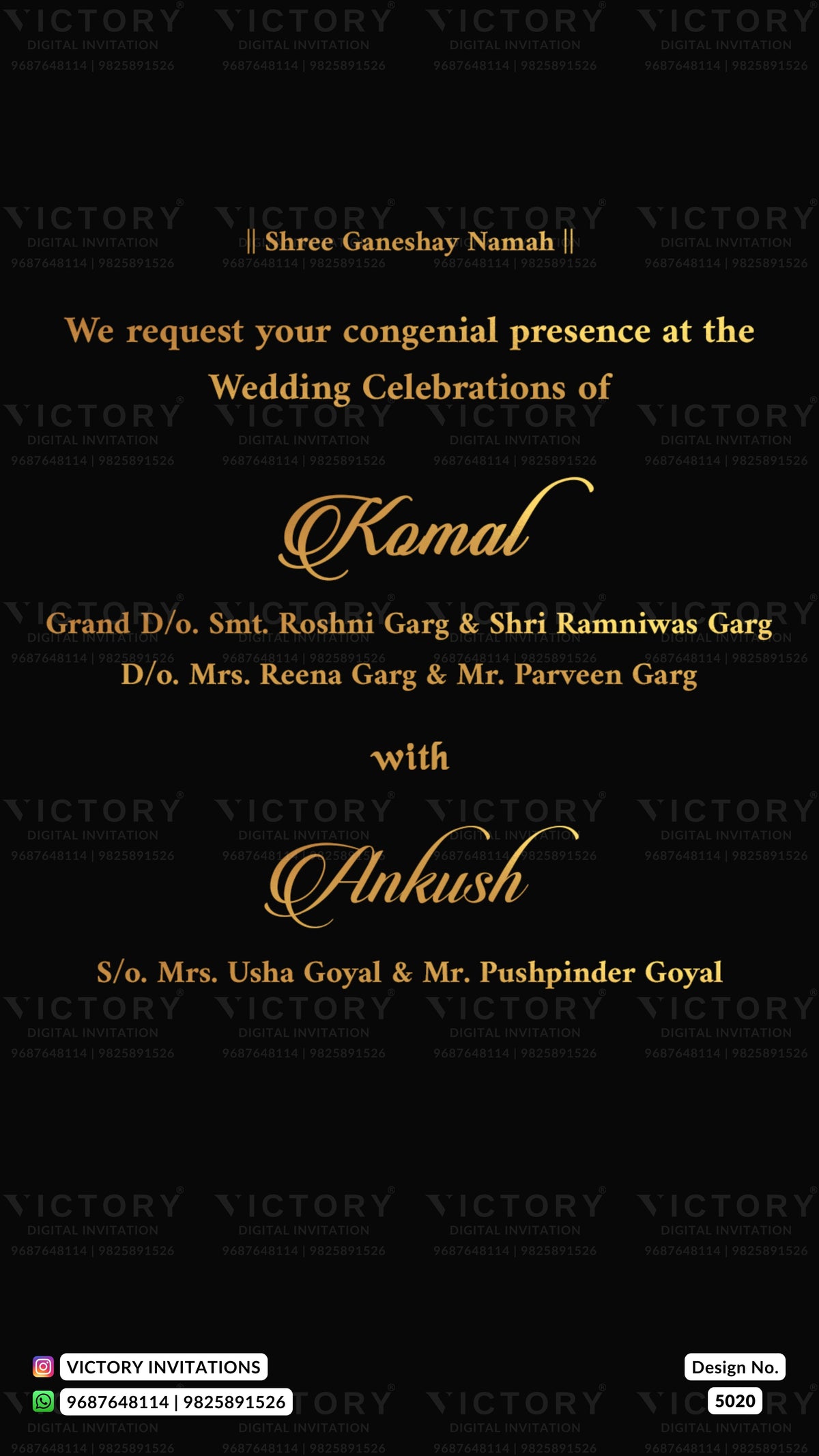Black wedding invitation card with elegant gold and white text celebrating the union of Kamal and Ankush, featuring the brand name VICTORY repeated across the design.