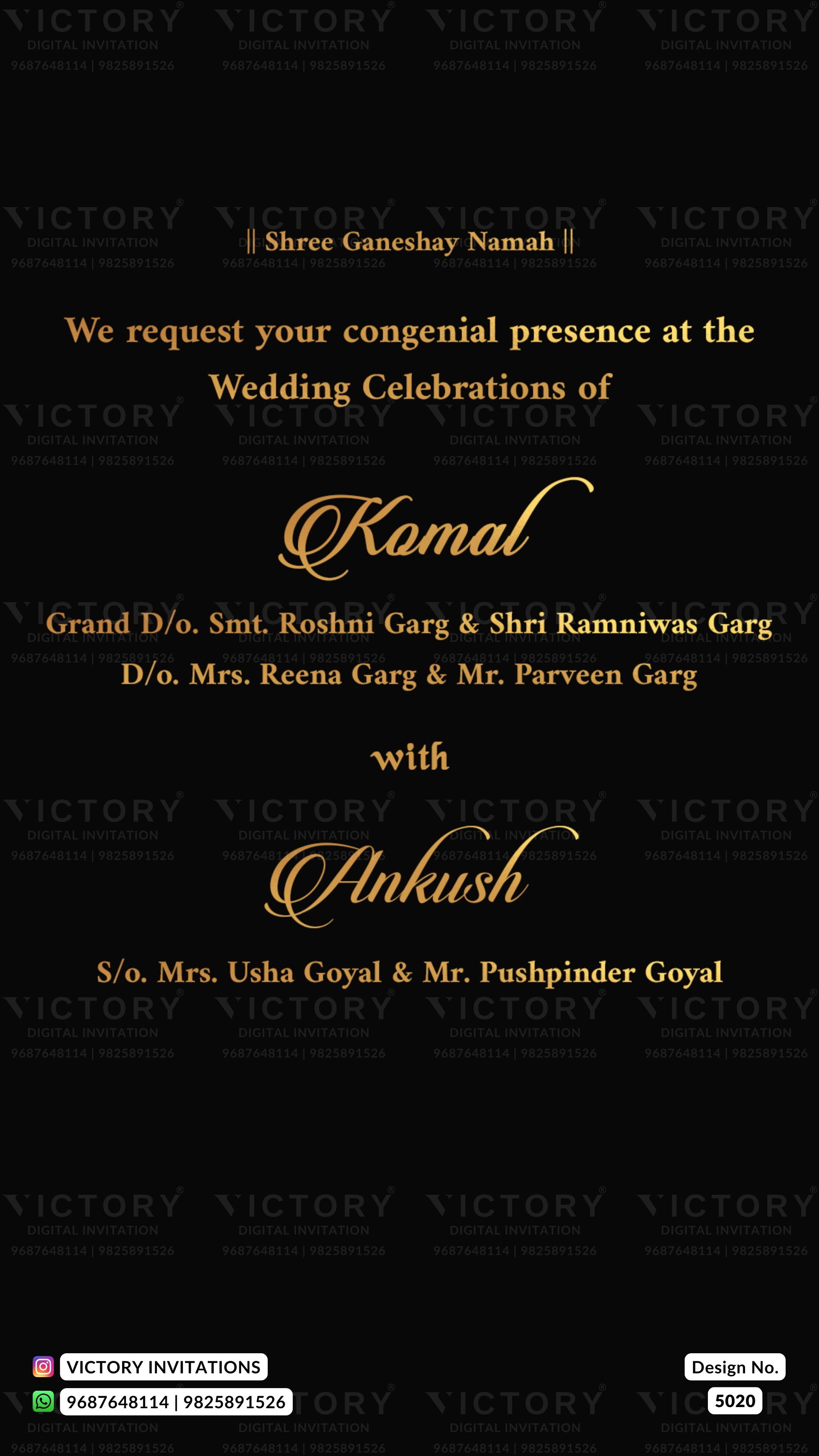 Black wedding invitation card with elegant gold and white text celebrating the union of Kamal and Ankush, featuring the brand name VICTORY repeated across the design.