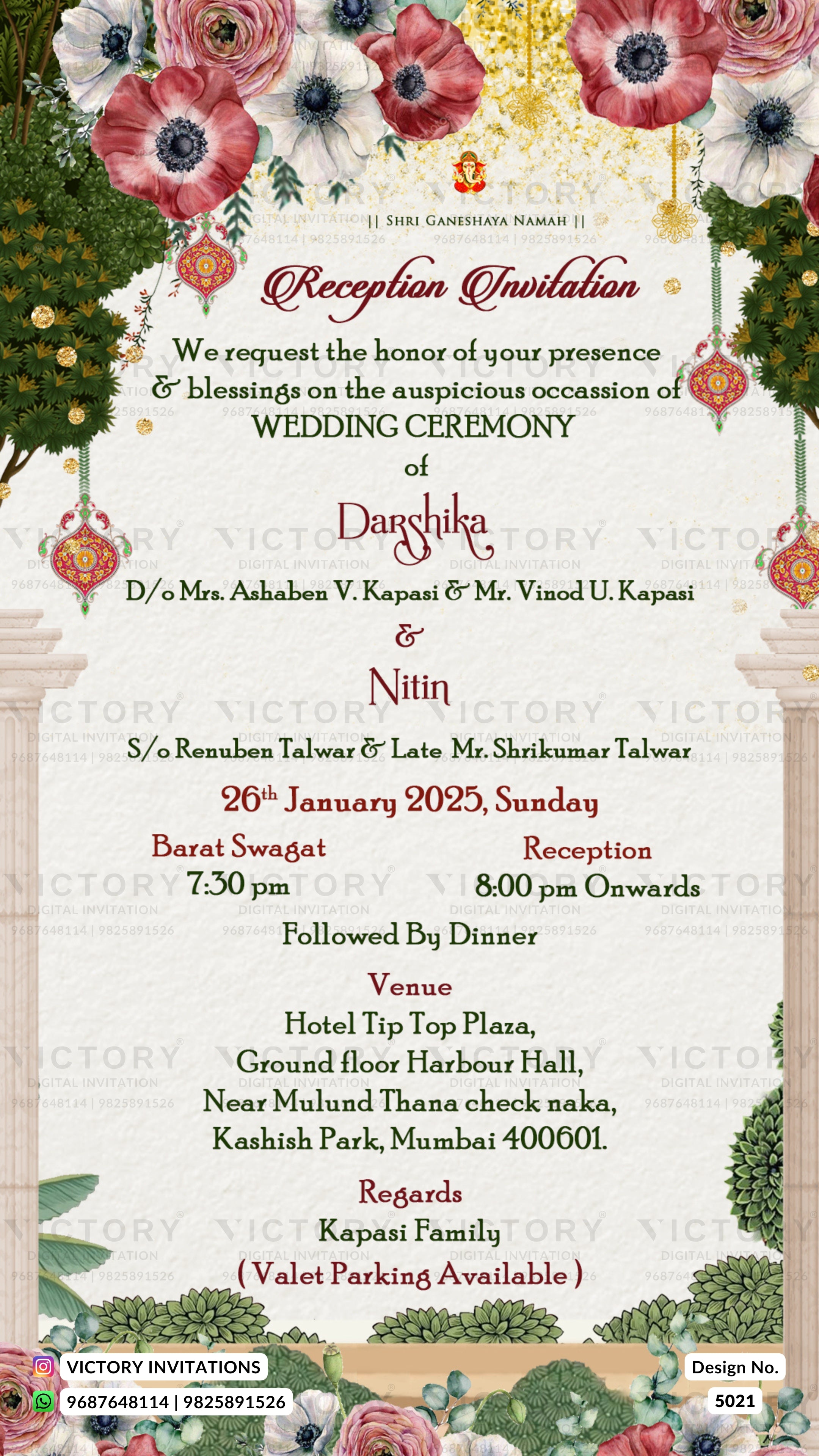 A wedding reception invitation card with a cream background, decorated with pink and red flowers, green foliage, and traditional Indian motifs. The text details the wedding ceremony of Darshka and Nitin, including venue, time, and reception details.