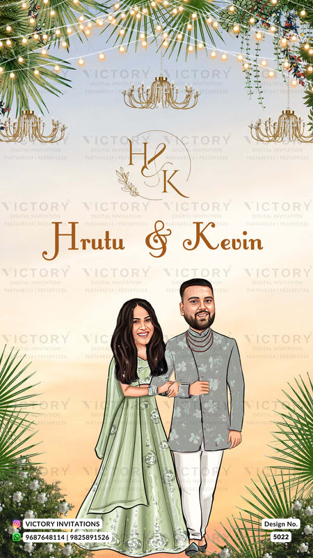 Custom illustrated wedding invitation card featuring a cartoon couple, Hrutu and Kevin, standing together. The design has a tropical theme with palm leaves, hanging string lights, chandeliers, and a warm beige-to-yellow gradient background.