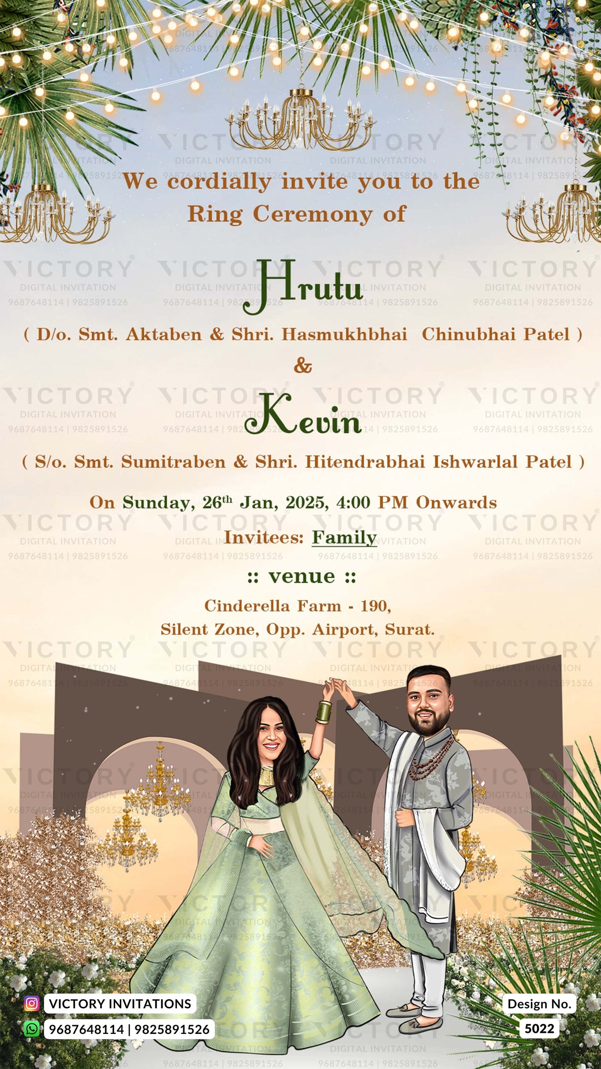 A digital invitation card for a Hindu ring ceremony, featuring elegant gold and green decorative borders, a central cream-colored background with event details, and an illustration of a bride in a green traditional dress and a groom in a white suit standing in front of a golden arch.