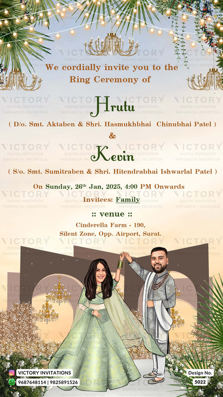 A digital invitation card for a Hindu ring ceremony, featuring elegant gold and green decorative borders, a central cream-colored background with event details, and an illustration of a bride in a green traditional dress and a groom in a white suit standing in front of a golden arch.
