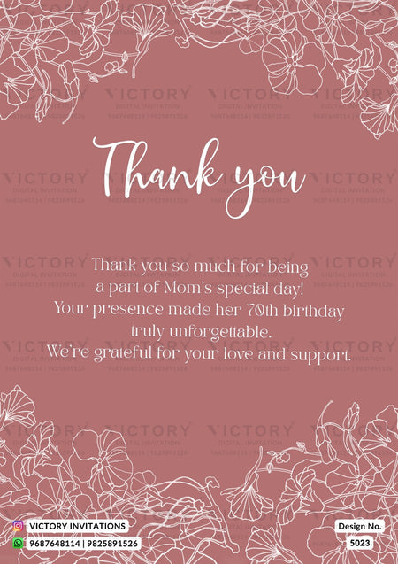 A floral Mom's Day thank you card from Victory Invitations, featuring a dusty rose background with white line-art illustrations of flowers at the top and bottom borders. The center features the words 'Thank you' in white script, followed by a message of gratitude for a 70th birthday.